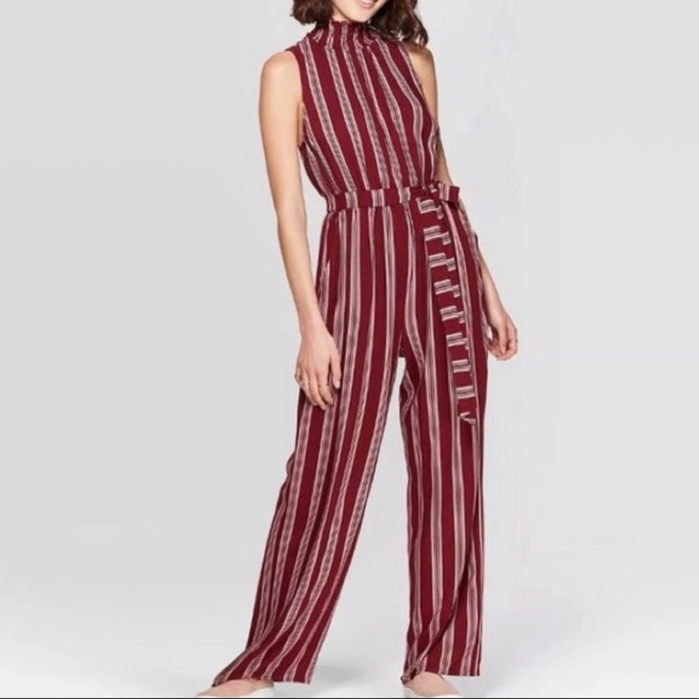 Xhilaration Red & White Striped Sleeveless High Neck Belted Jumpsuit Size Small